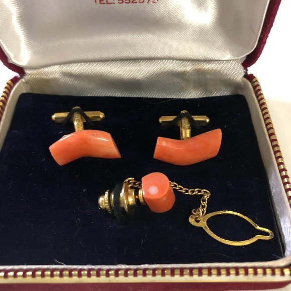 Vintage Taiwan Coral & Gold Cufflink Set w/ Tie Stay in Box